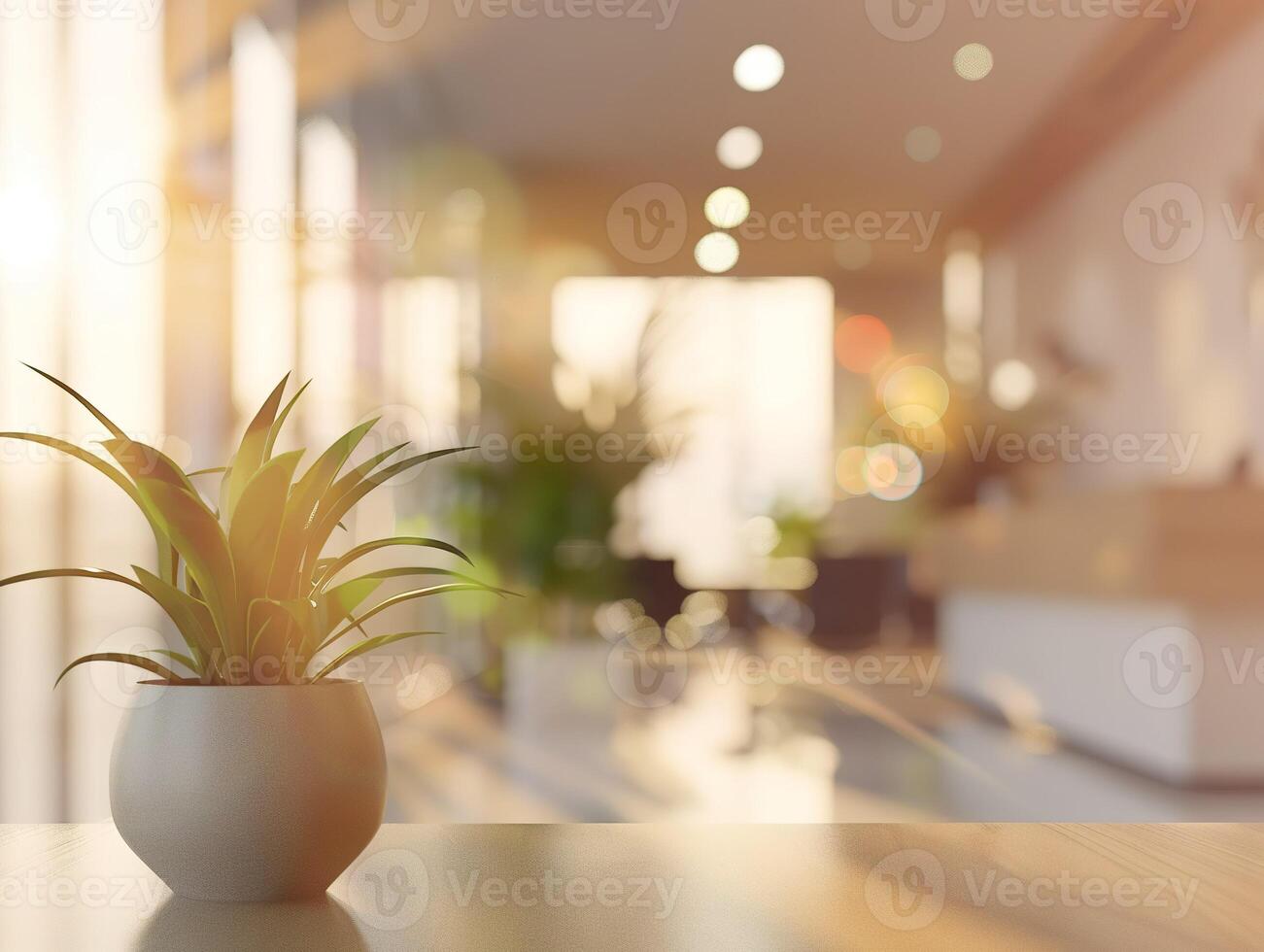 A potted plant sits on a table in a room with a lot of natural light photo