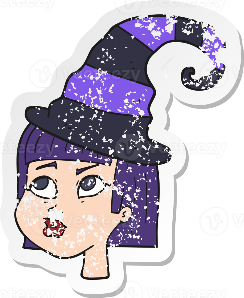 retro distressed sticker of a cartoon witch drawing png