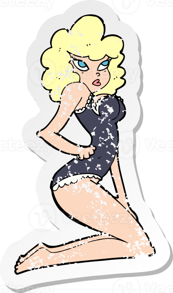 retro distressed sticker of a cartoon pin-up woman drawing png
