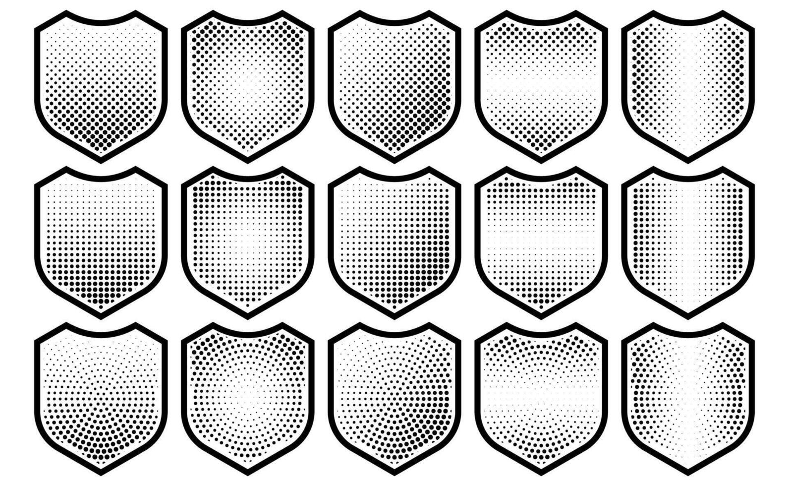Halftone shield icon set, safety badge dotted symbol, protection defense armor halftone pattern vector