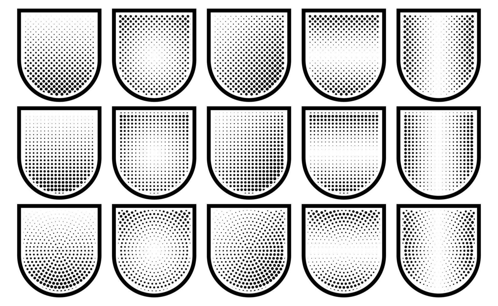 Halftone shield icon set, safety badge dotted symbol, protection defense armor halftone pattern vector