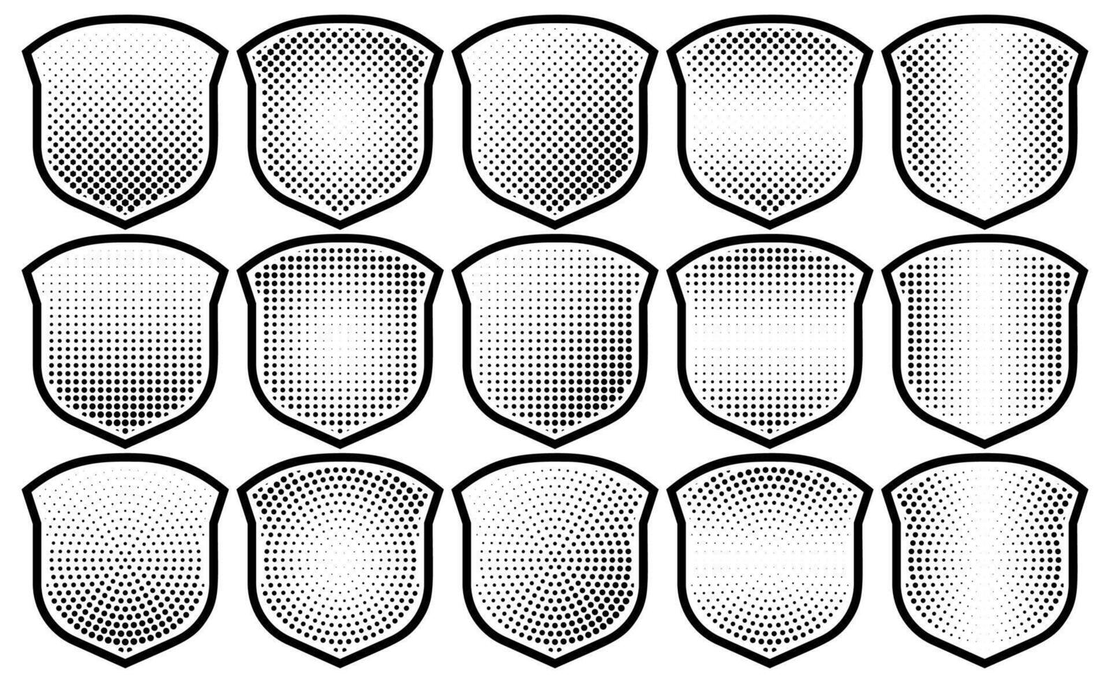 Halftone shield icon set, safety badge dotted symbol, protection defense armor halftone pattern vector