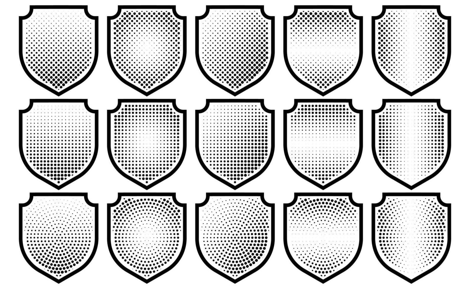 Halftone shield icon set, safety badge dotted symbol, protection defense armor halftone pattern vector