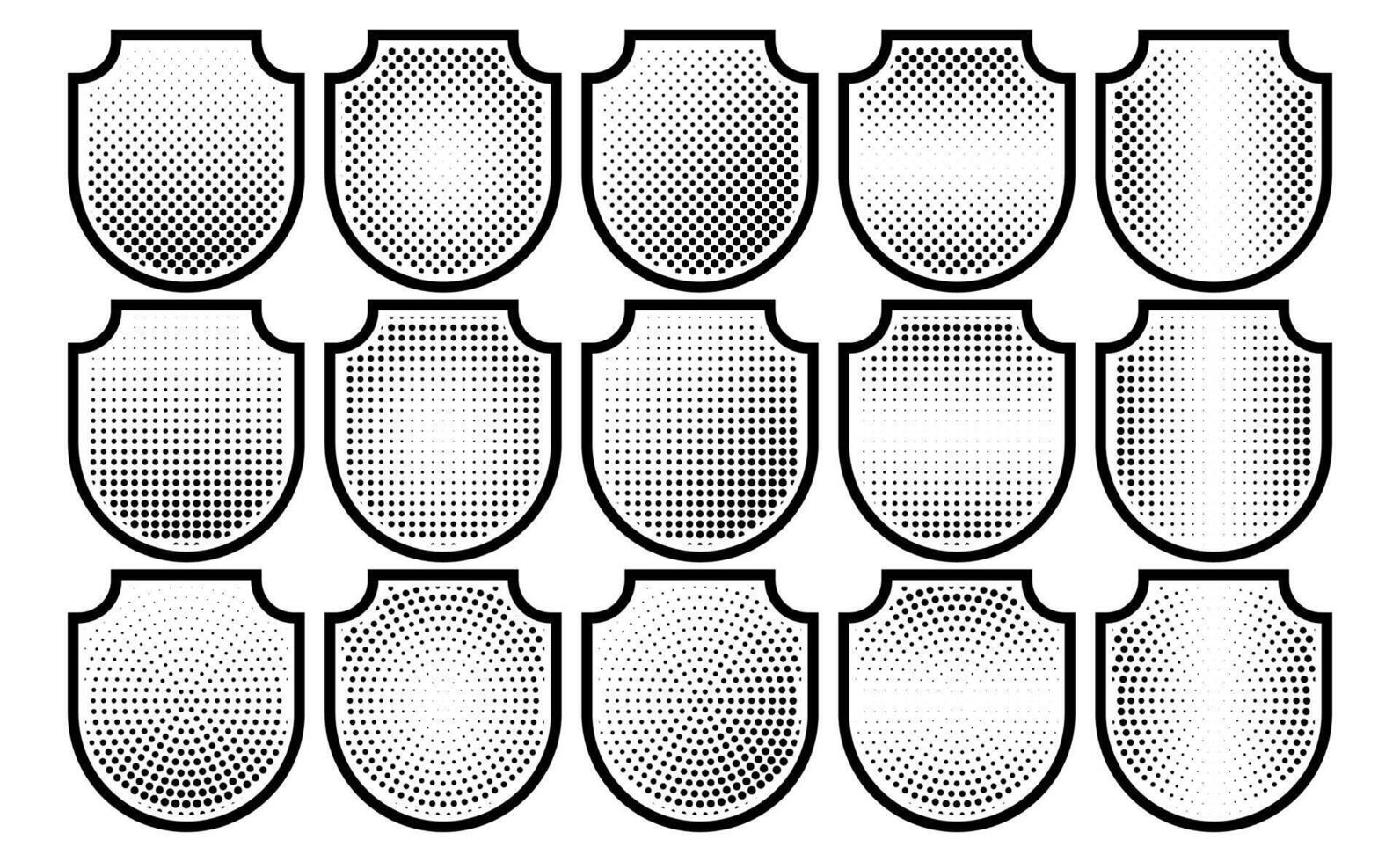 Halftone shield icon set, safety badge dotted symbol, protection defense armor halftone pattern vector