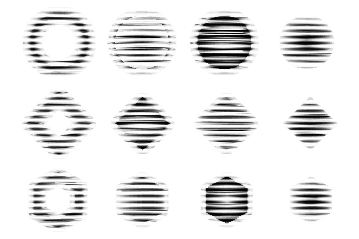Set of circle diamond hexagons with glitch effect, distorted line stamp pattern glitch elements, monochrome illustration vector