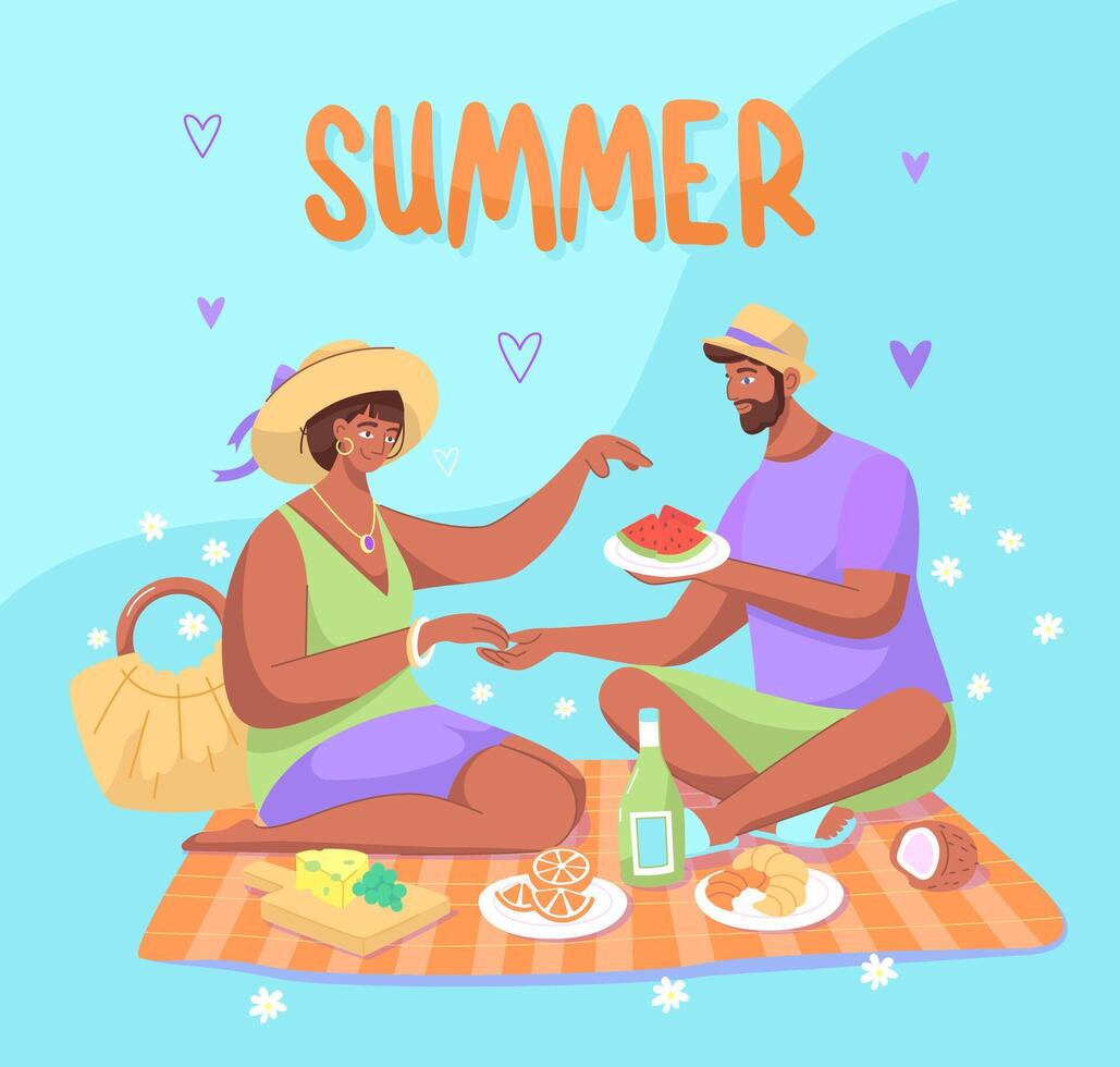 Black girl and black man having a picnic. Couple of lovers with dark skin is resting in nature, enjoying the clean air. Taking care of yourself. Enjoy your summer. vector