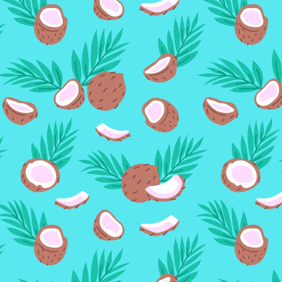 Coconut with Palm Leaves Seamless Pattern Background. Illustration. vector