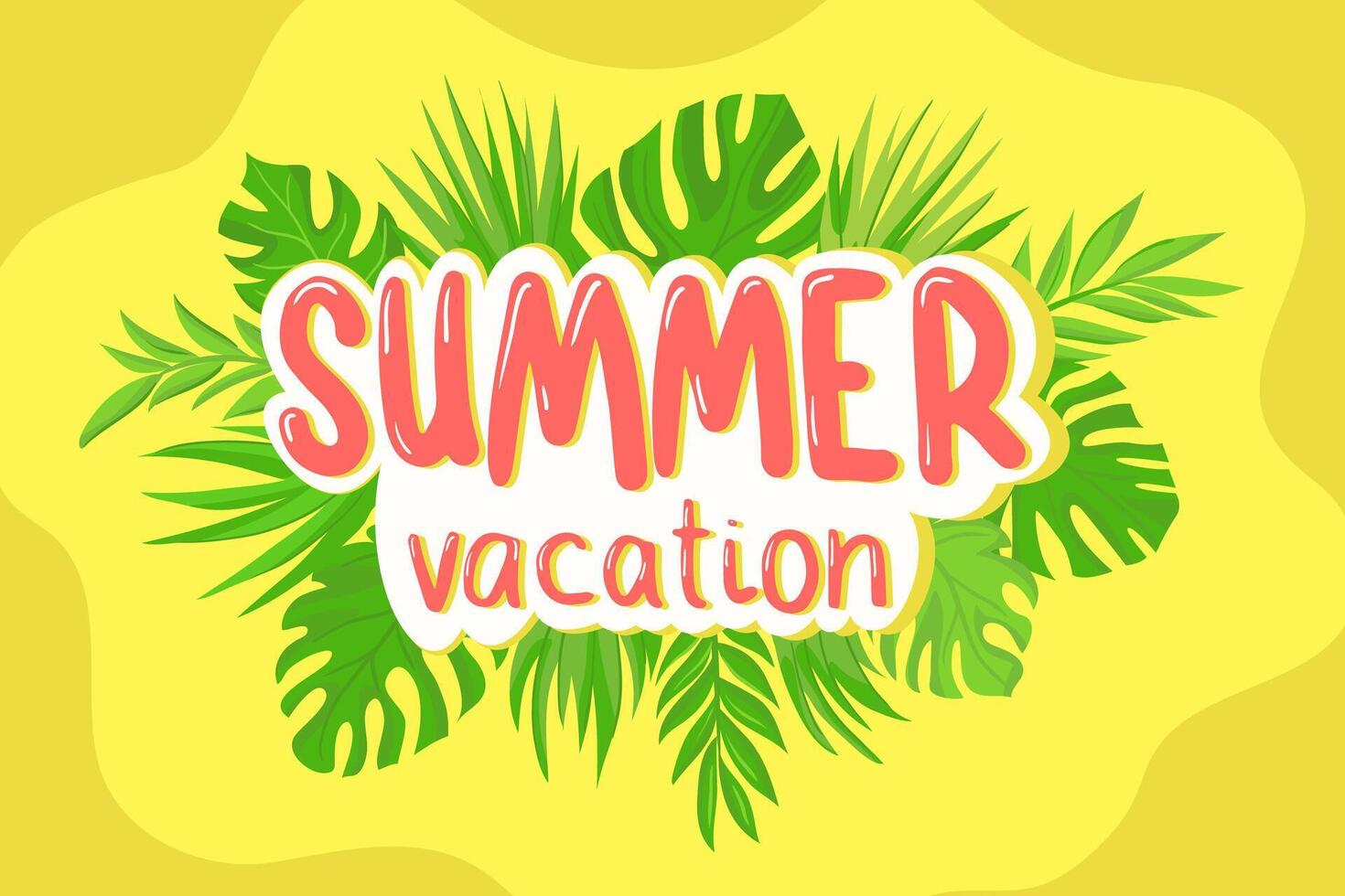 Summer vacation and holiday flat lettering with palm leaf. illustration. vector