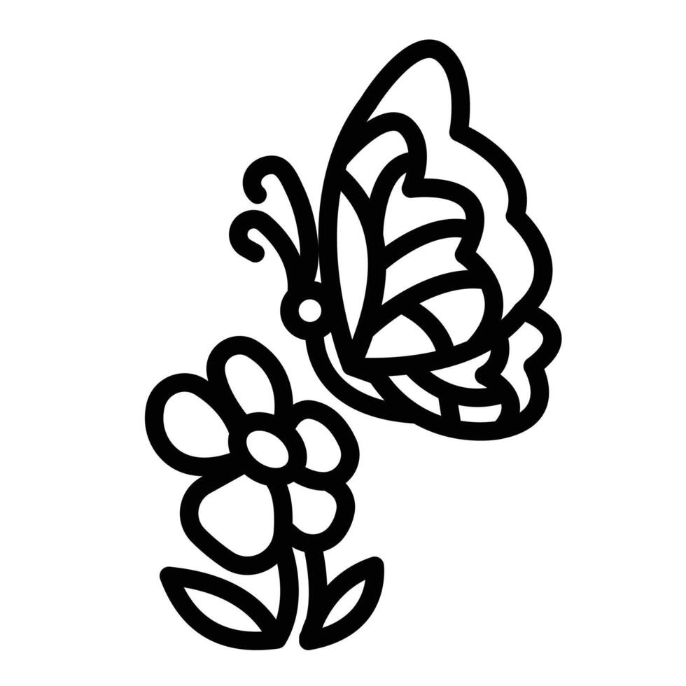 Butterfly flying towards flower icon illustration with black outline isolated on square white background. Simple flat cartoon art styled drawing. vector