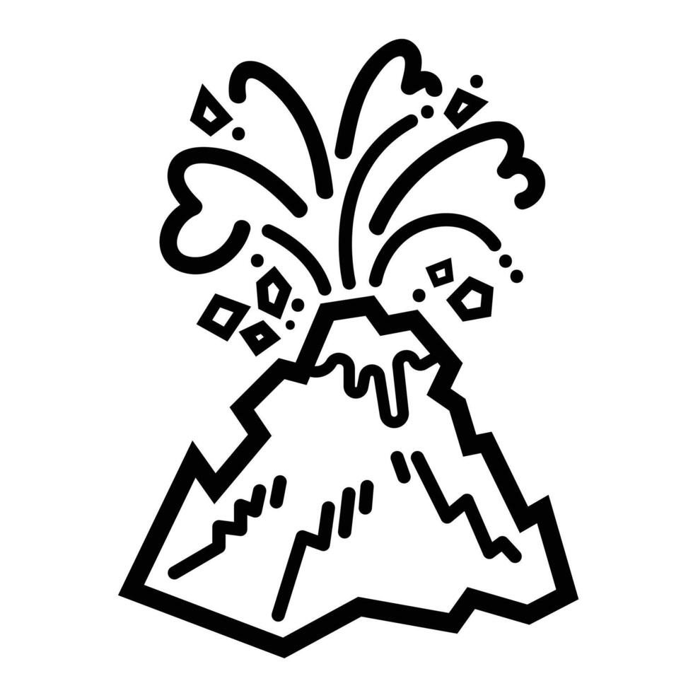 Volcano or mountain eruption natural disaster icon illustration with black outline isolated on square white background. Simple flat cartoon art styled drawing. vector