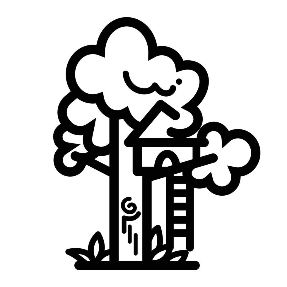 Tree house icon illustration black outlined isolated on square white background. Simple flat black and white monochrome cartoon art styled drawing. vector