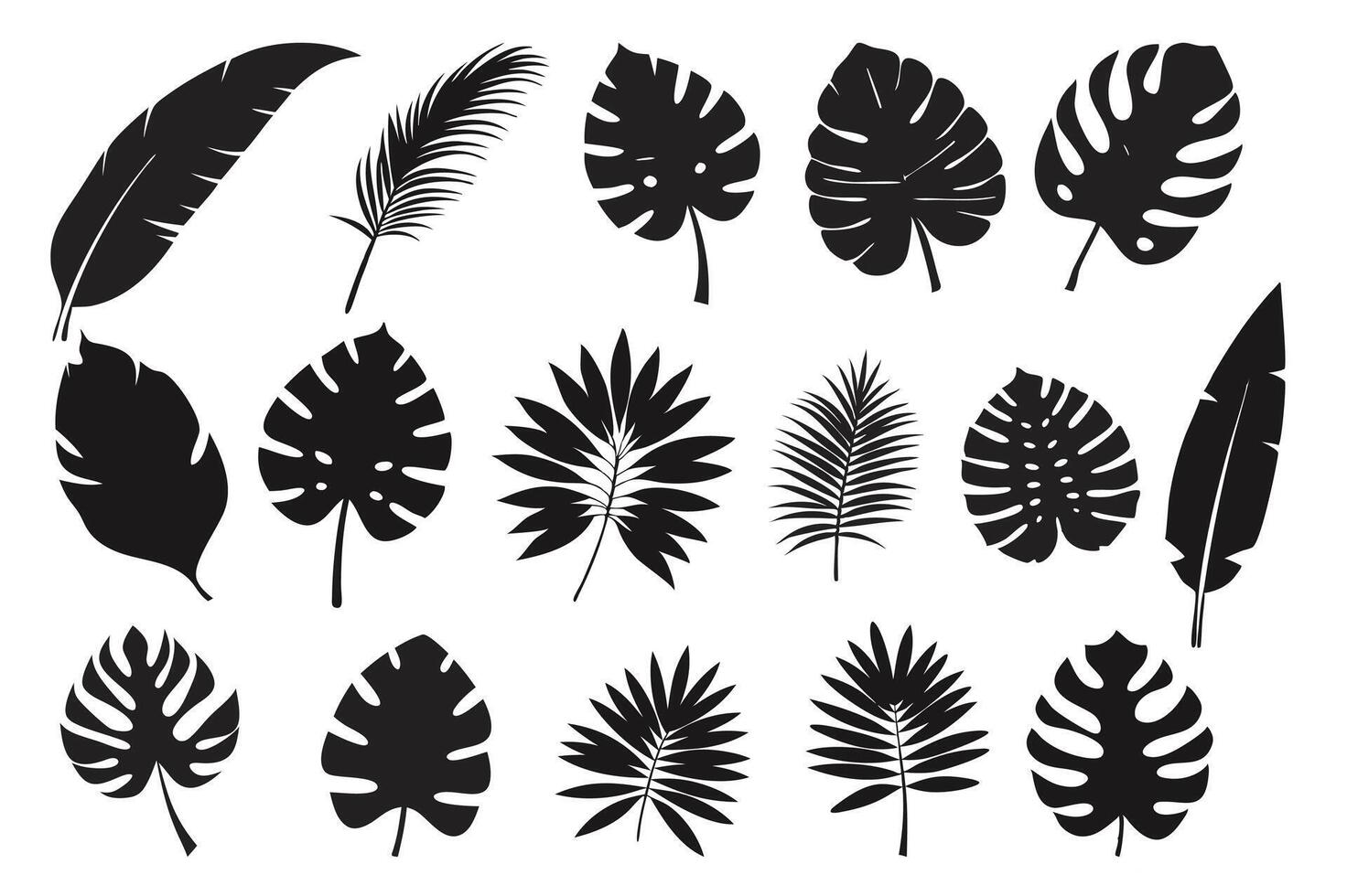 Tropical leaves abstract black flat silhouette set tropical, leaves, abstract, black, flat, silhouette, set, , drawing, clipart, icons, illustrations, graphics, outline, design, artwork vector