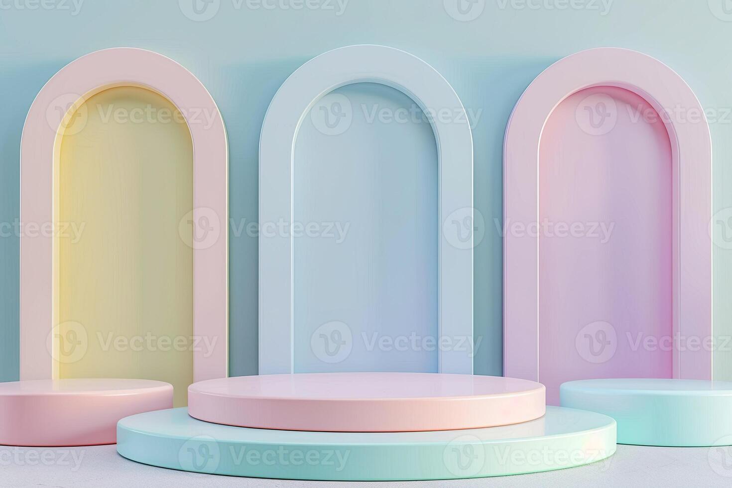 3D Podium stand with pastel color arches scene. Minimalist geometric vacant platform for mock up and presentation. Abstract background for commercial and cosmetic advertising photo