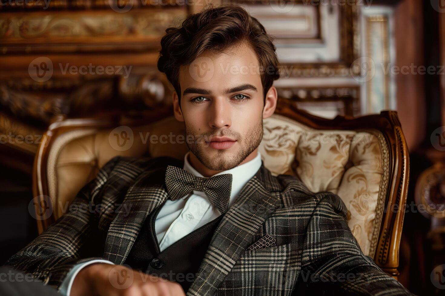 A young handsome man wearing a suit and a bow tie sitting in an armchair and looking at the camera photo