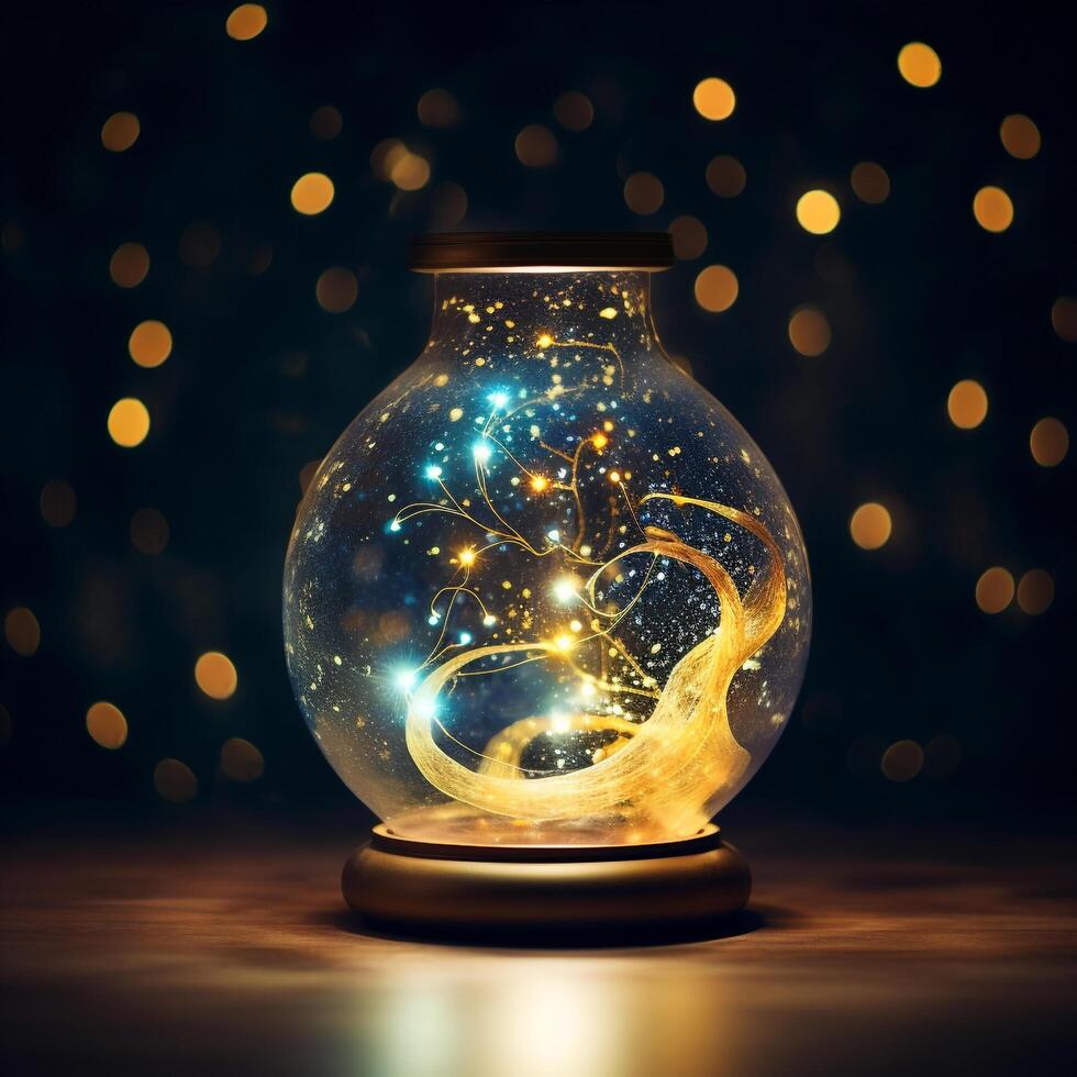 a glass dome with a candle inside on a table photo