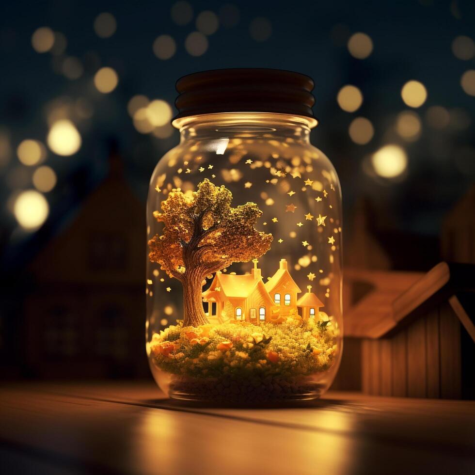 a glass dome with a candle inside on a table photo