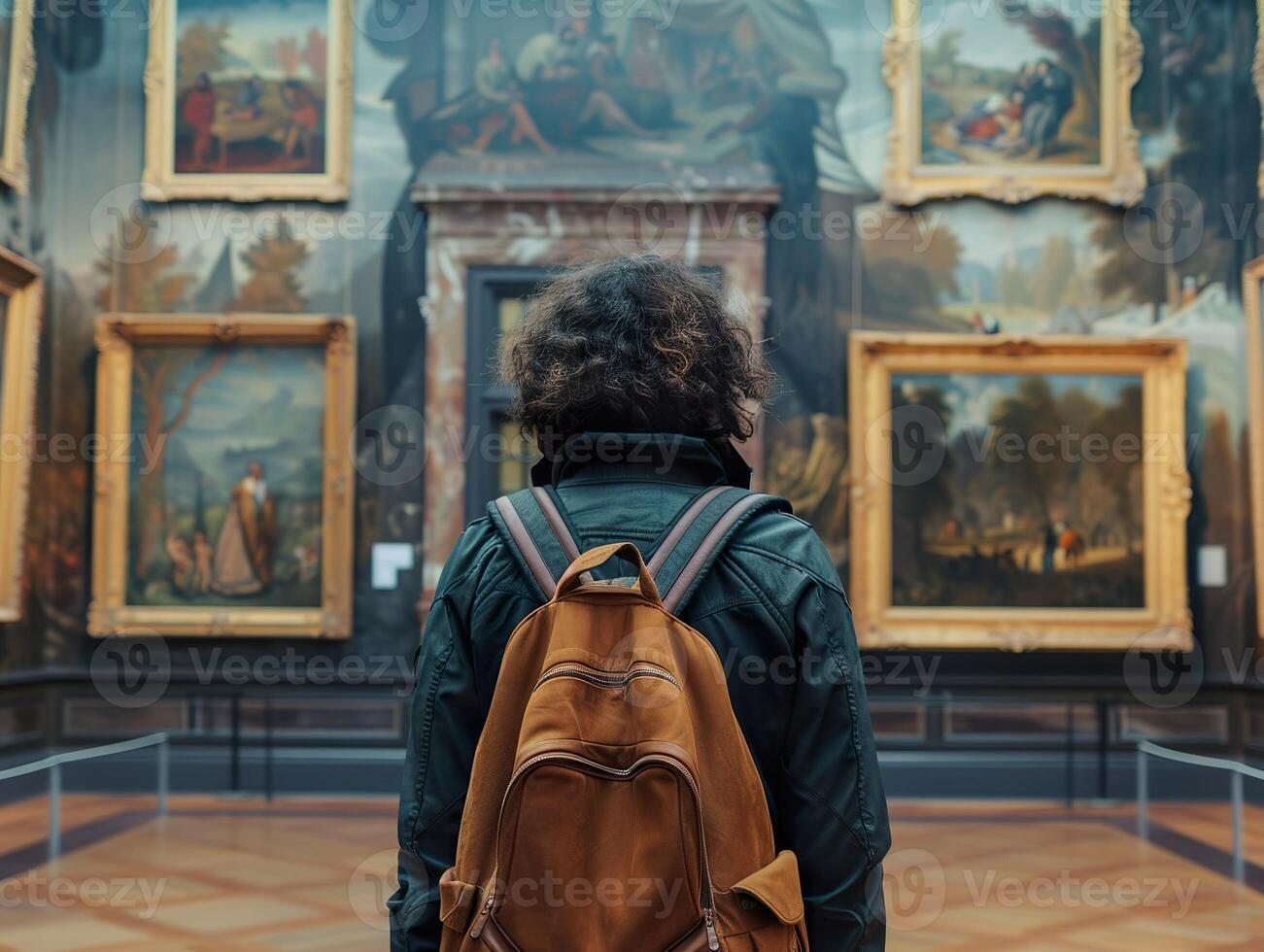 Back of an adult person looking at renaissance style paintings in an old museum art gallery photo