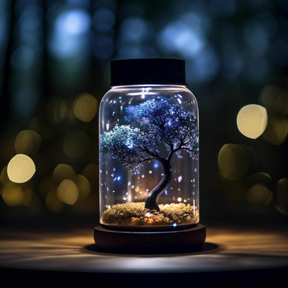 a glass dome with a candle inside on a table photo
