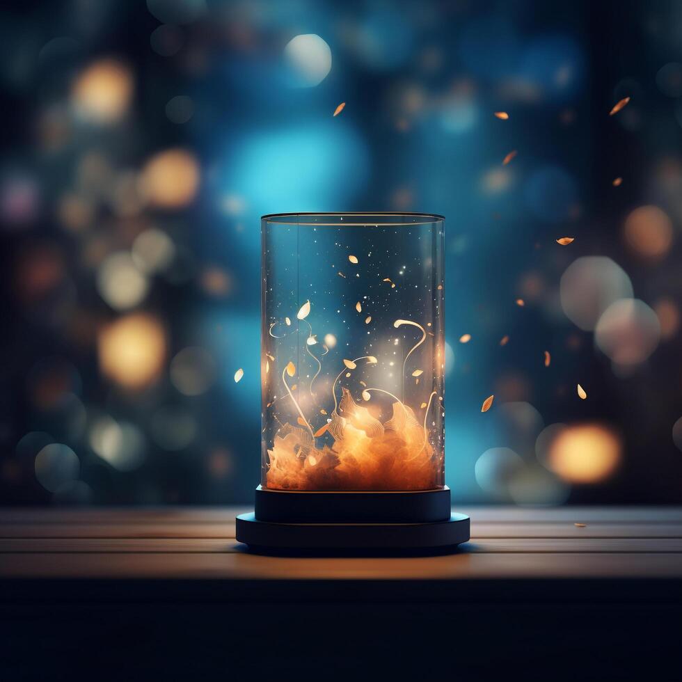 a glass dome with a candle inside on a table photo