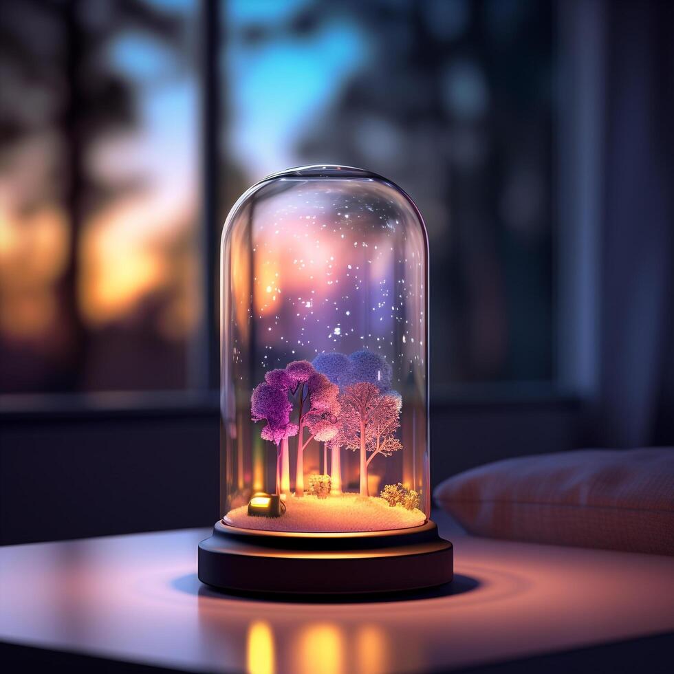 a glass dome with a candle inside on a table photo