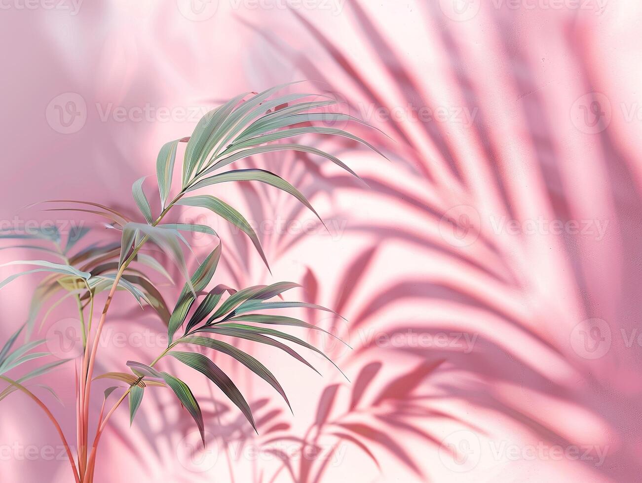 A pink wall with a plant in the foreground and a shadow of the plant on the wall photo
