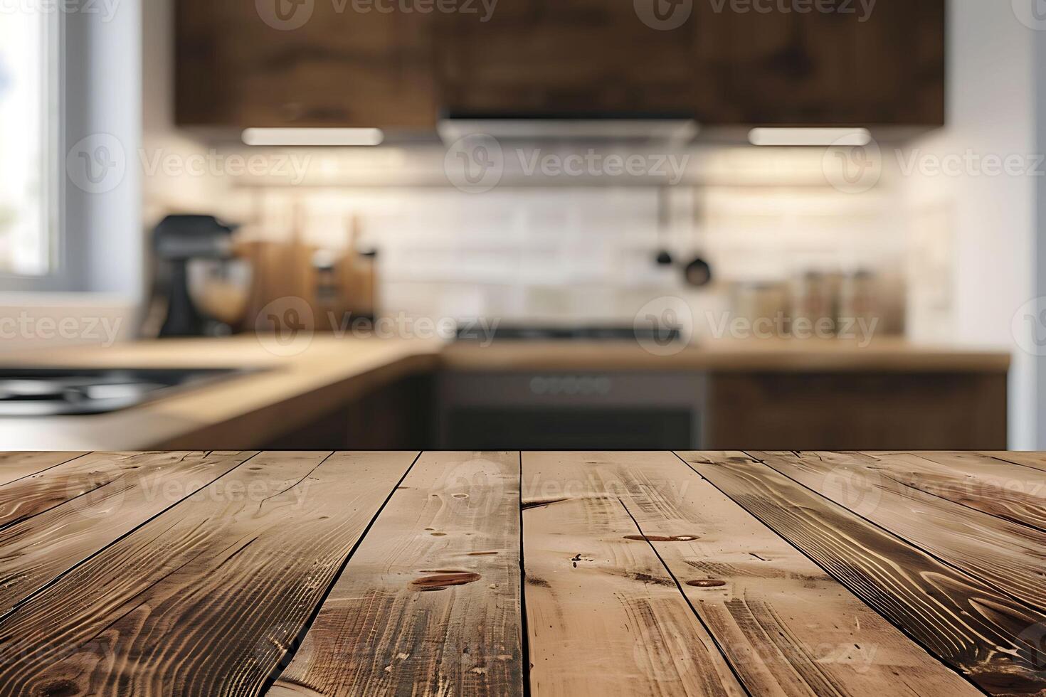 Empty rustic wooden tabletop with blurred modern kitchen background, perfect for product placement or food display. Concept of home, cooking, and design. photo