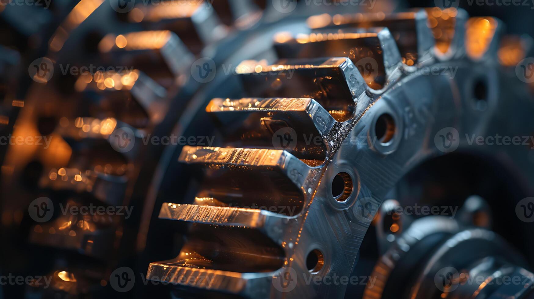 Close-up of interlocking metal gears, teeth gleaming with oil photo