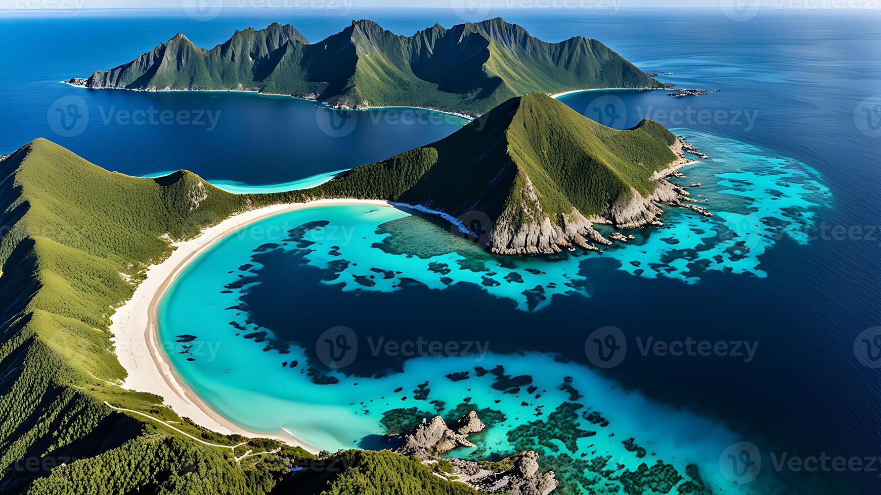 Aerial view of a tropical island with a pristine white sand beach and turquoise waters. Perfect for travel brochures, vacation planning, and promoting island life. photo