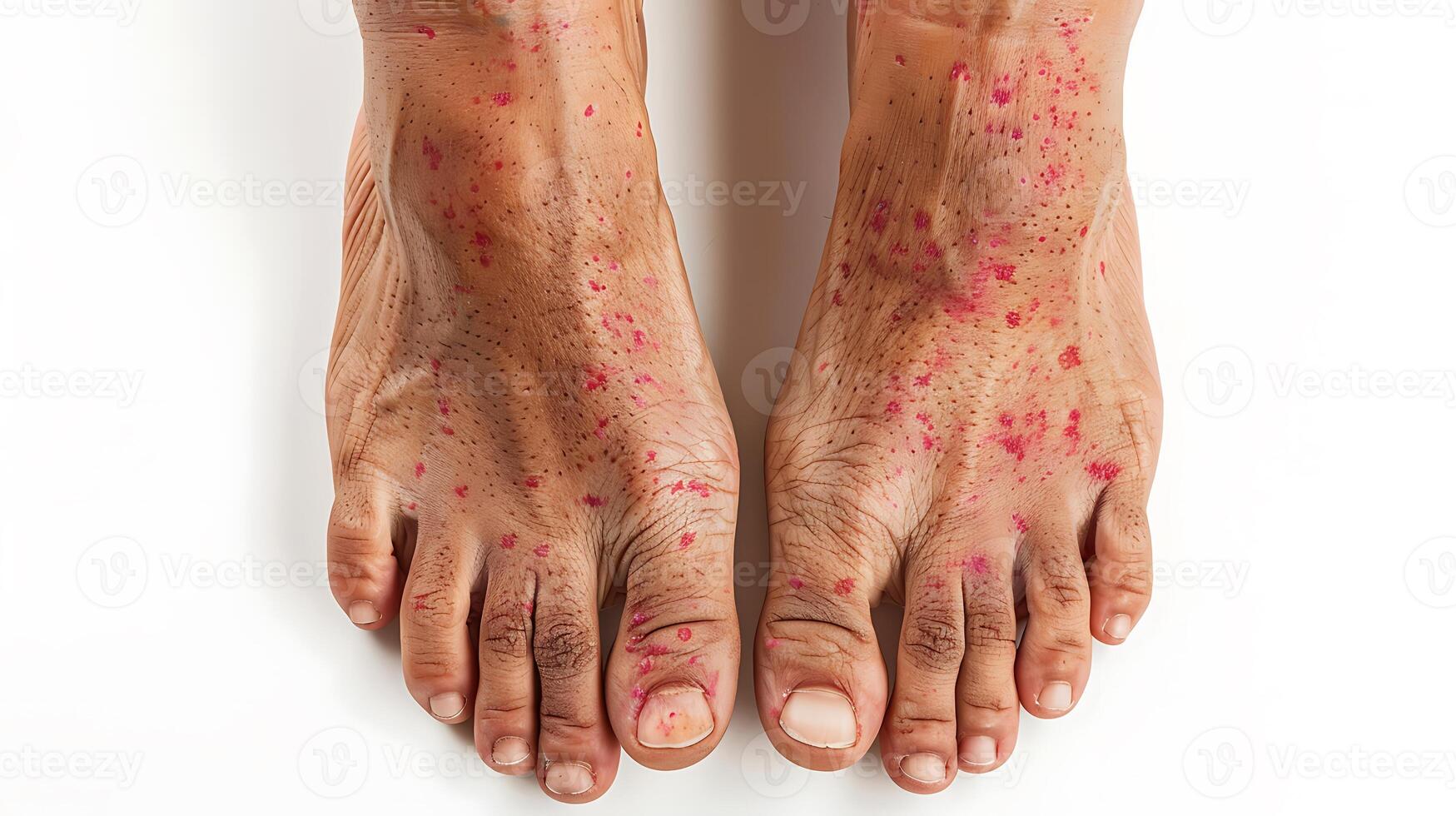 Close-up of feet with red spots on white background photo