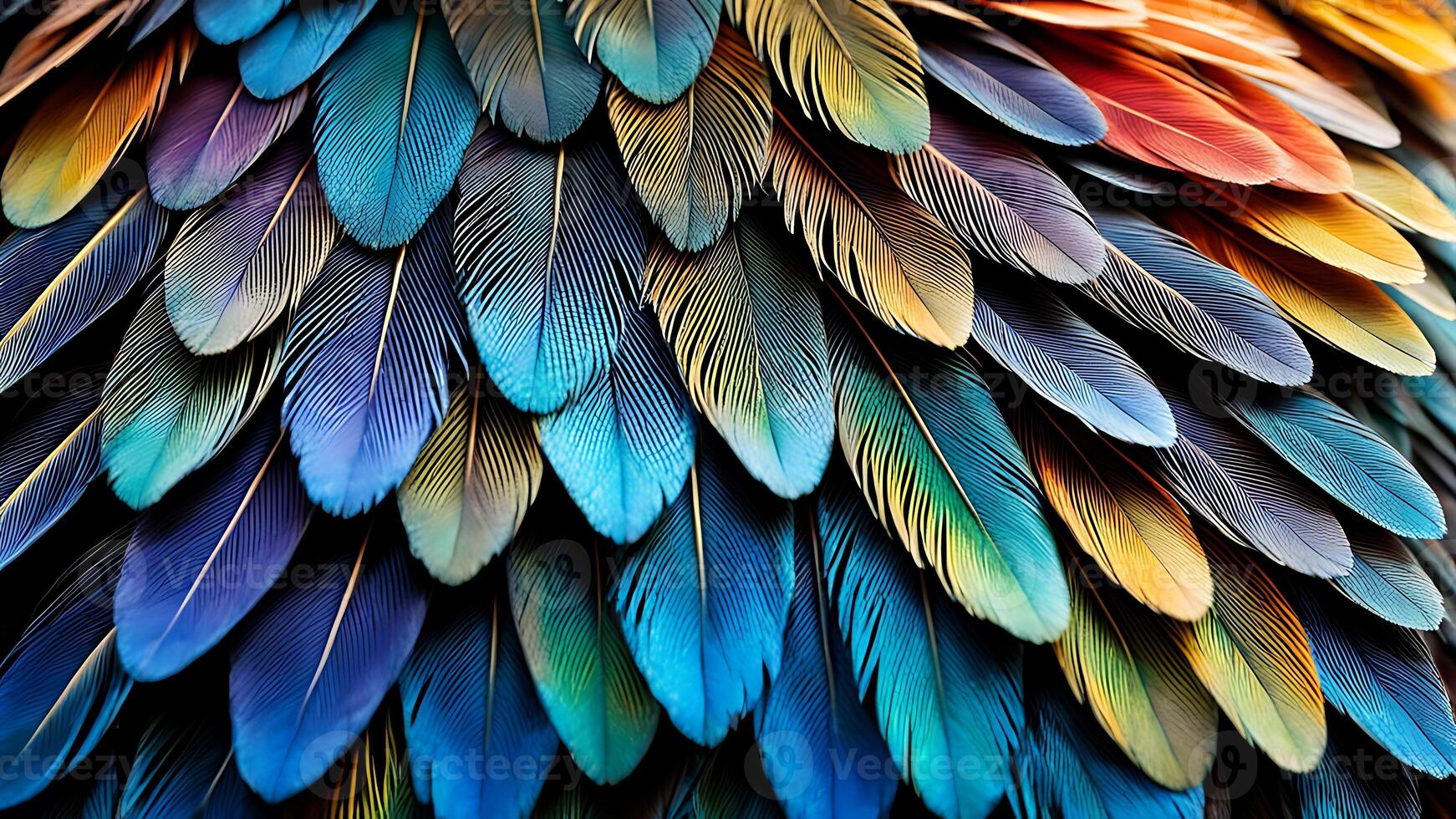 Vibrant close-up of colorful bird feathers overlapping in a mesmerizing pattern photo