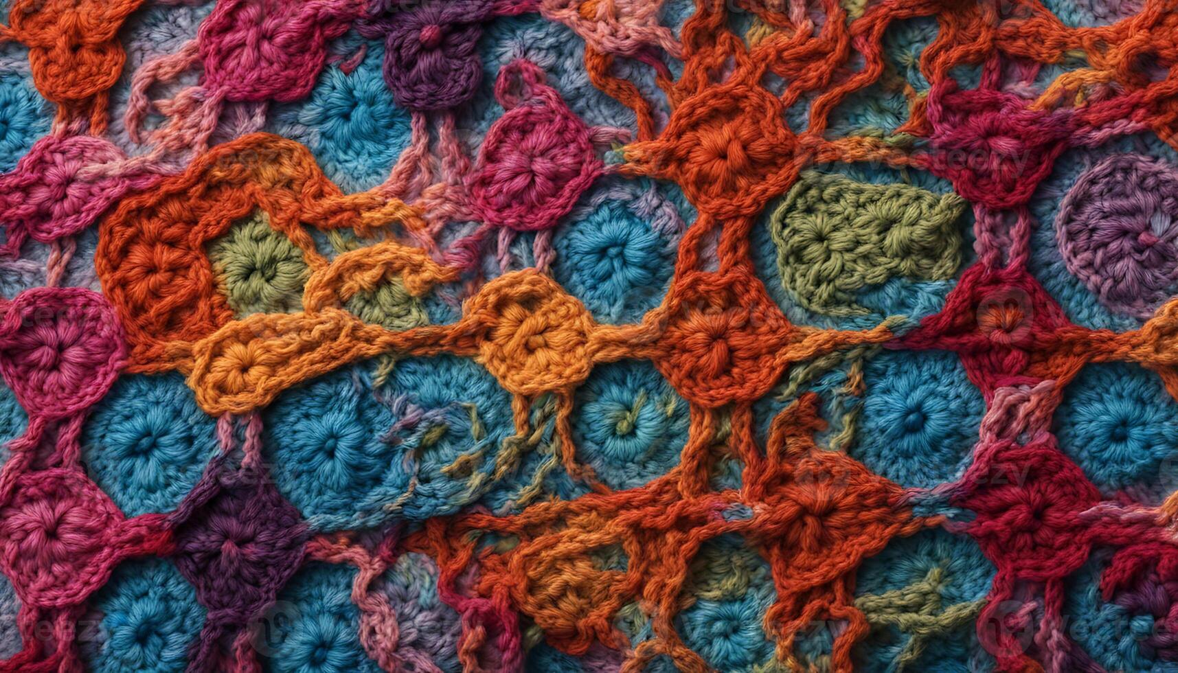 Close-up of a colorful crocheted blanket with a floral motif. photo