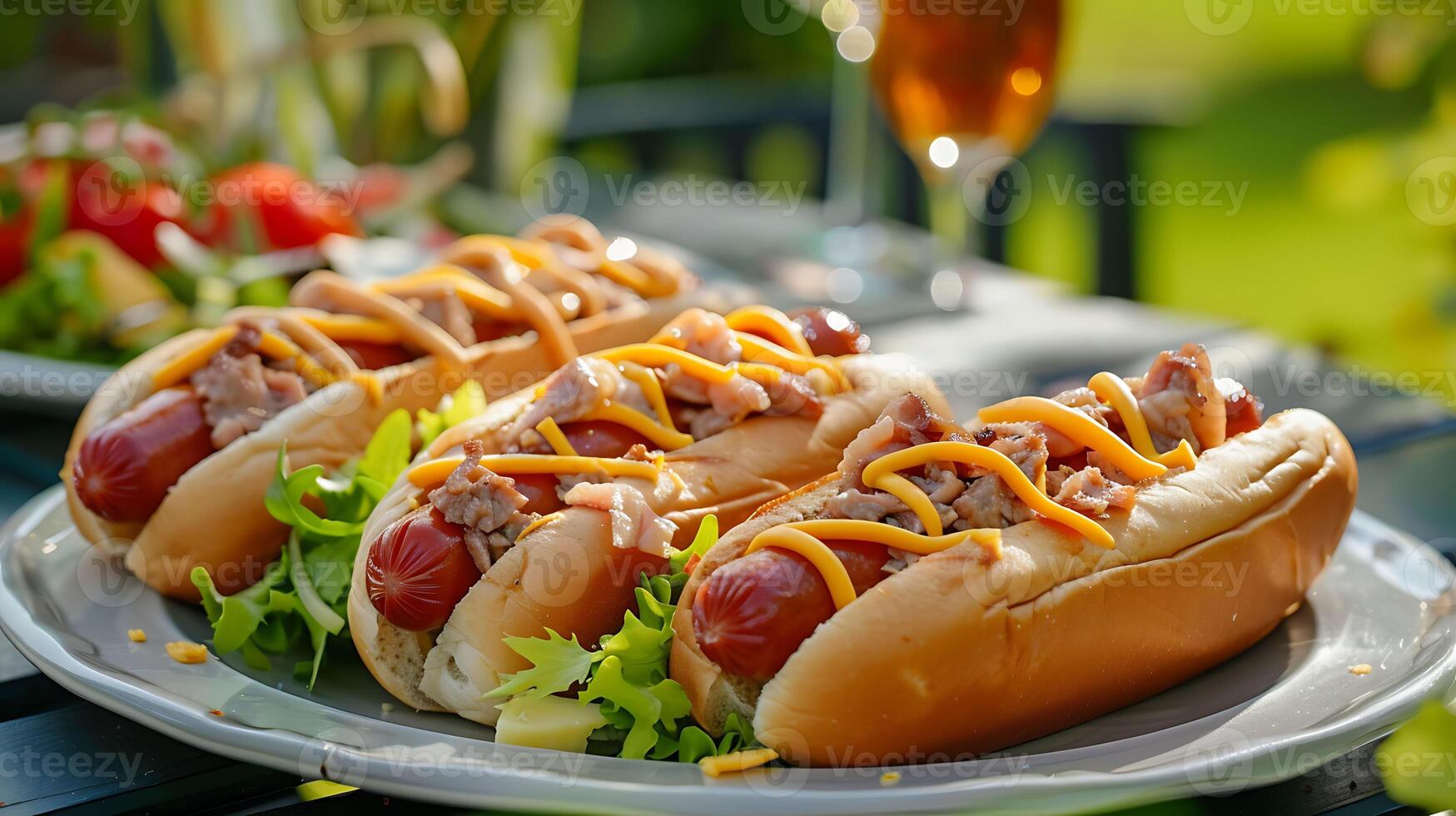 hot dogs topped with bacon, mustard, and lettuce on a plate outdoors photo