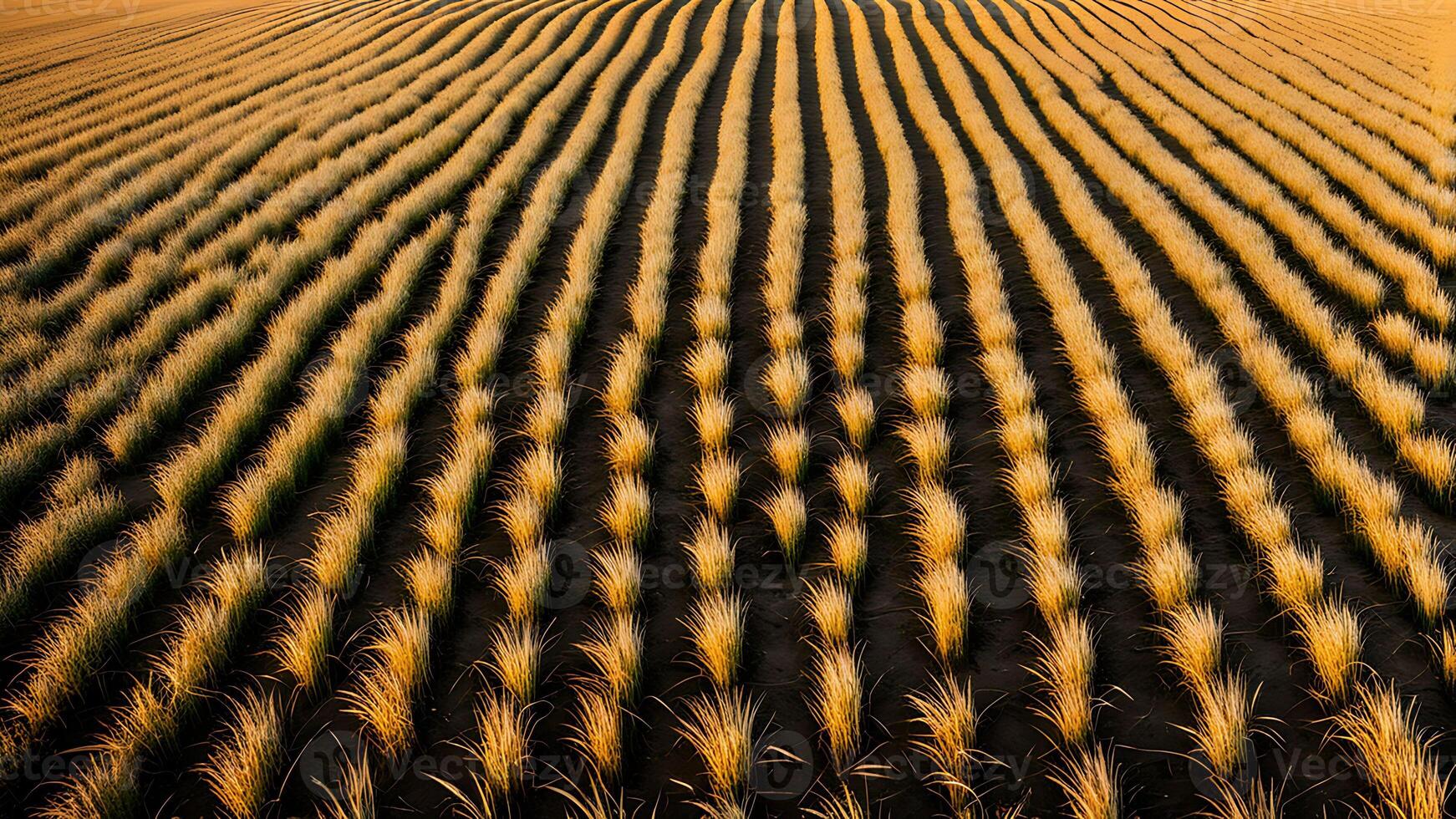 Aerial view of green grass field with long shadows during golden hour. Pattern of rows of plants in a cultivated field. photo