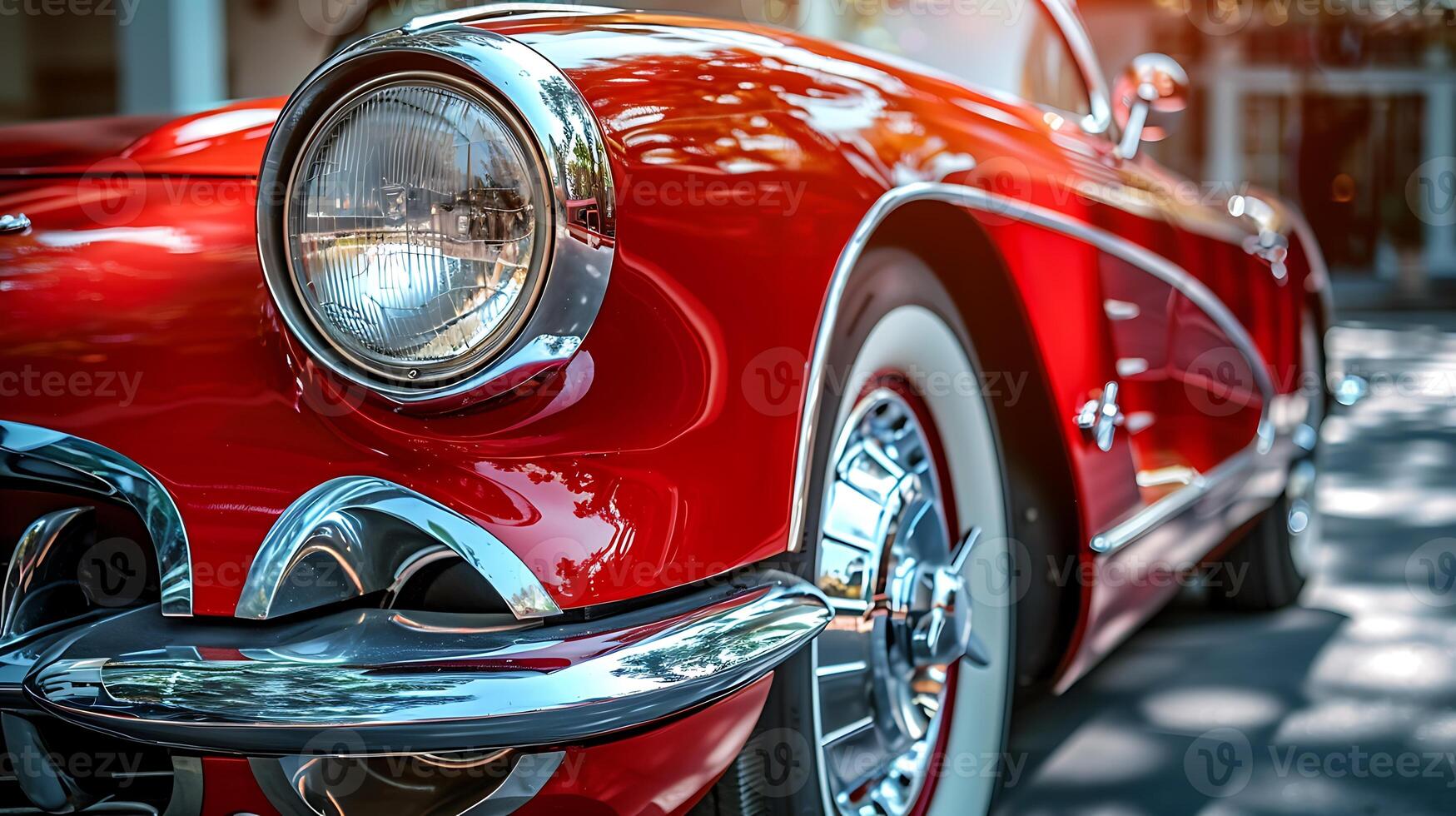 Close-up of a red vintage car with chrome accents, highlighting its iconic design photo