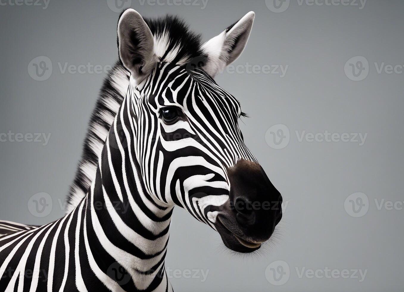 A photorealistic portrait of a zebra against a gray background photo