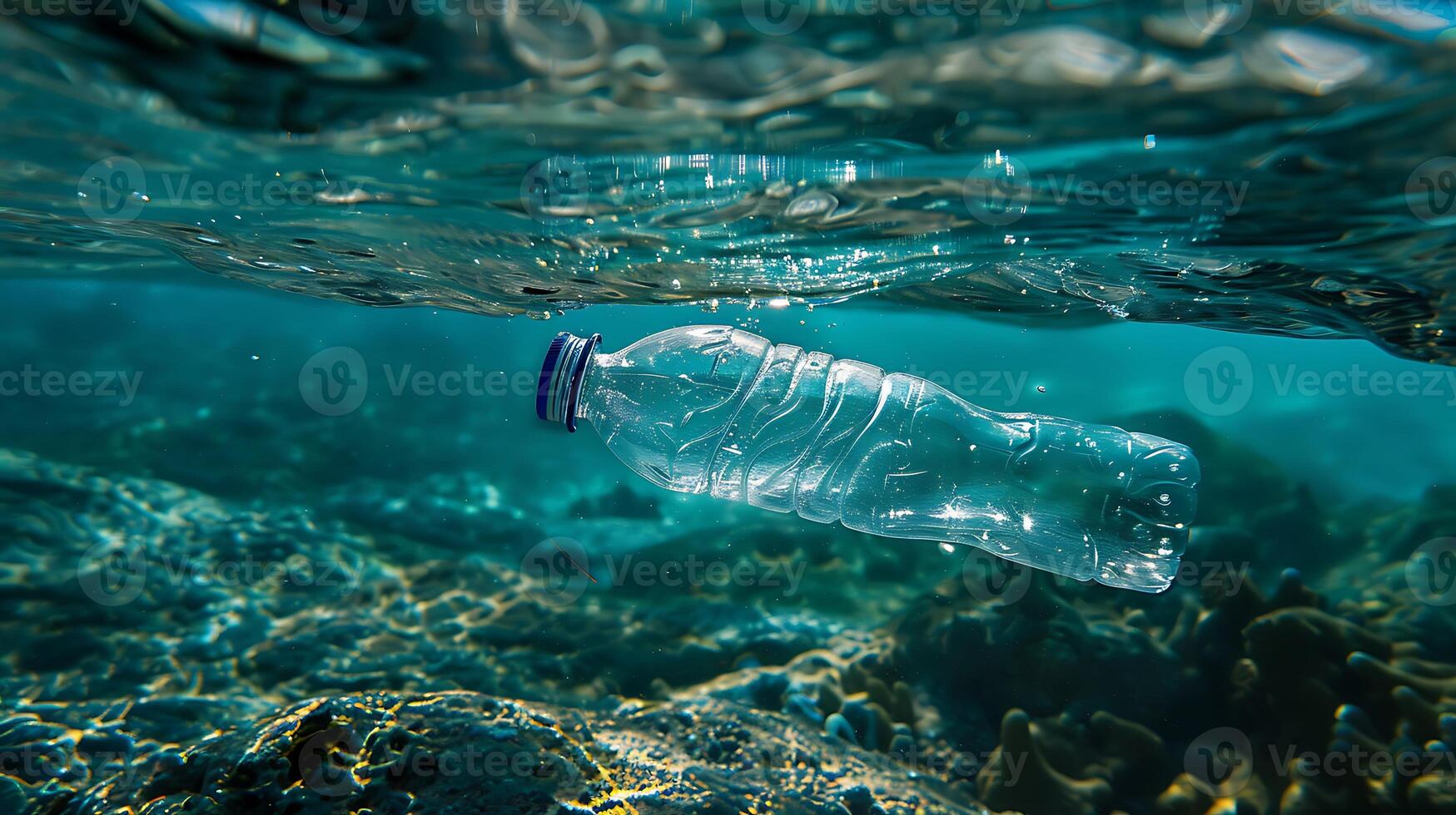 A clear plastic bottle floats just below the ocean's surface, polluting a pristine coral reef photo
