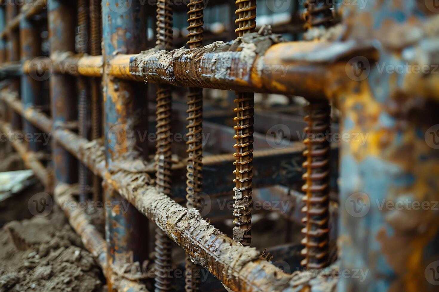 Close-up of rusty rebar grid in concrete formwork photo