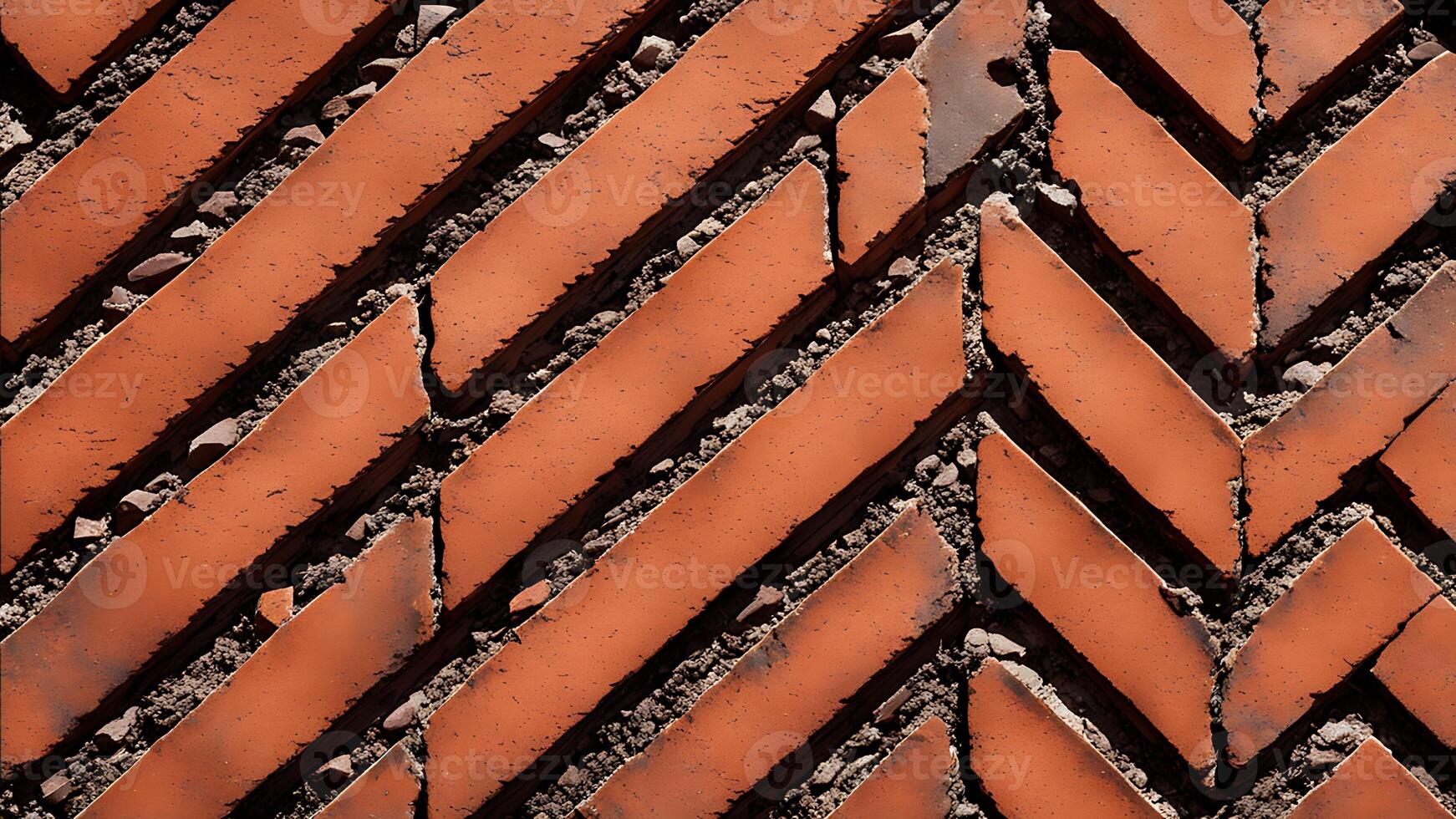 Close-up of a red brick wall laid in a herringbone pattern with exposed mortar photo