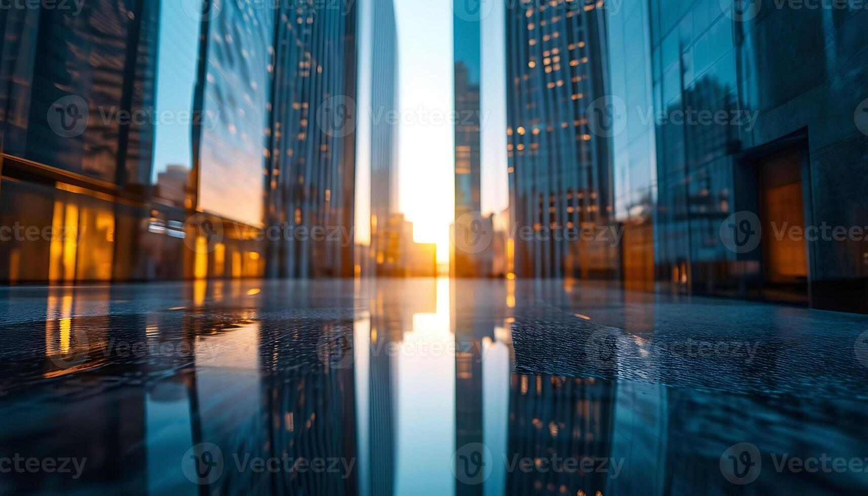 Low angle view of modern skyscrapers at sunset with reflection in wet pavement photo