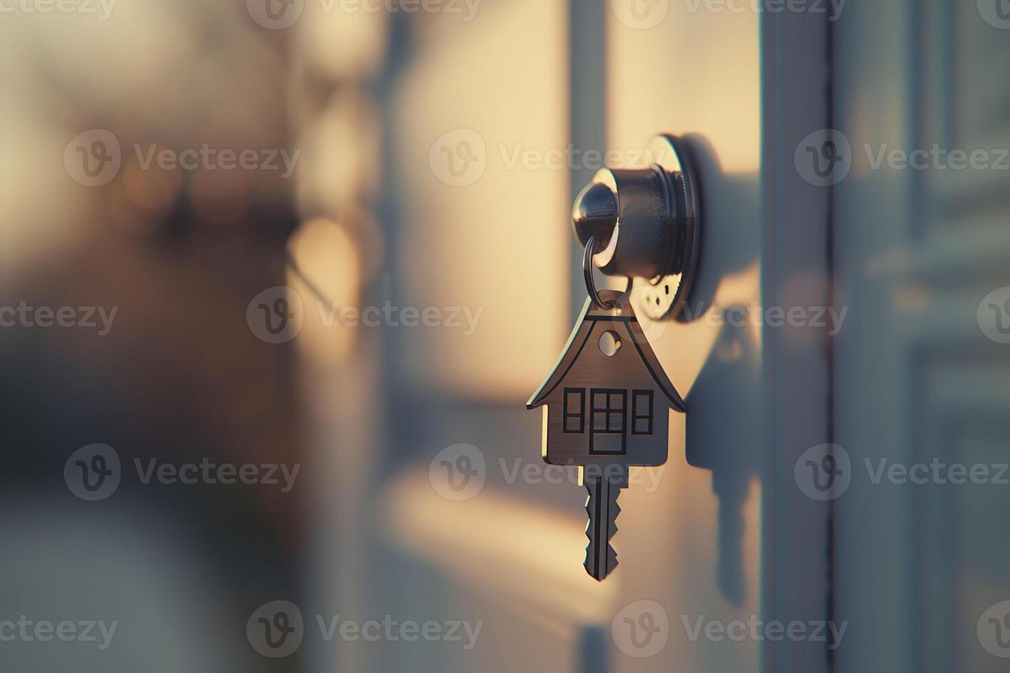 A house-shaped key hangs in a door lock, bathed in warm sunlight photo