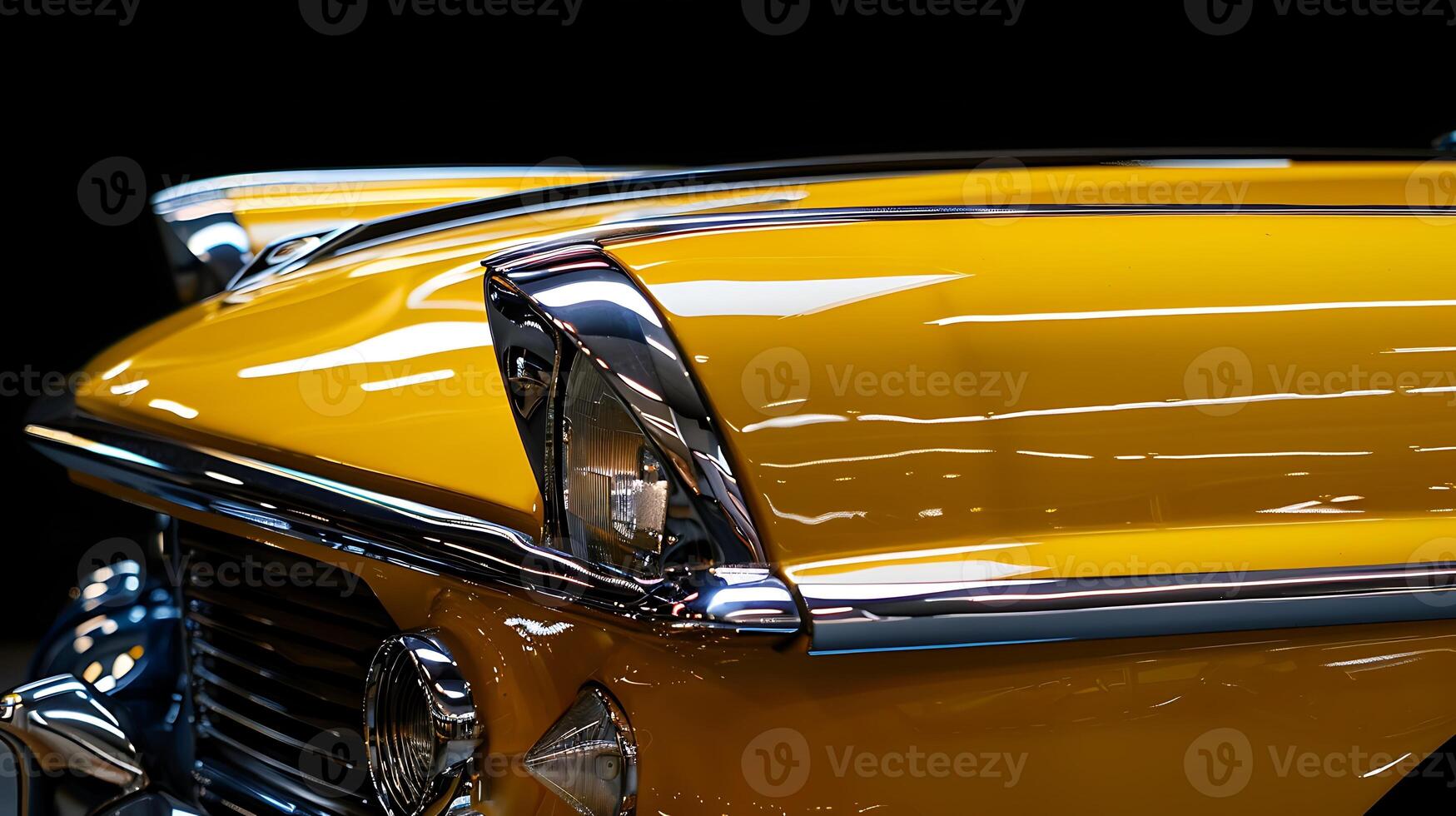 Close-up of a yellow vintage car with chrome details, showcasing its headlight and hood photo