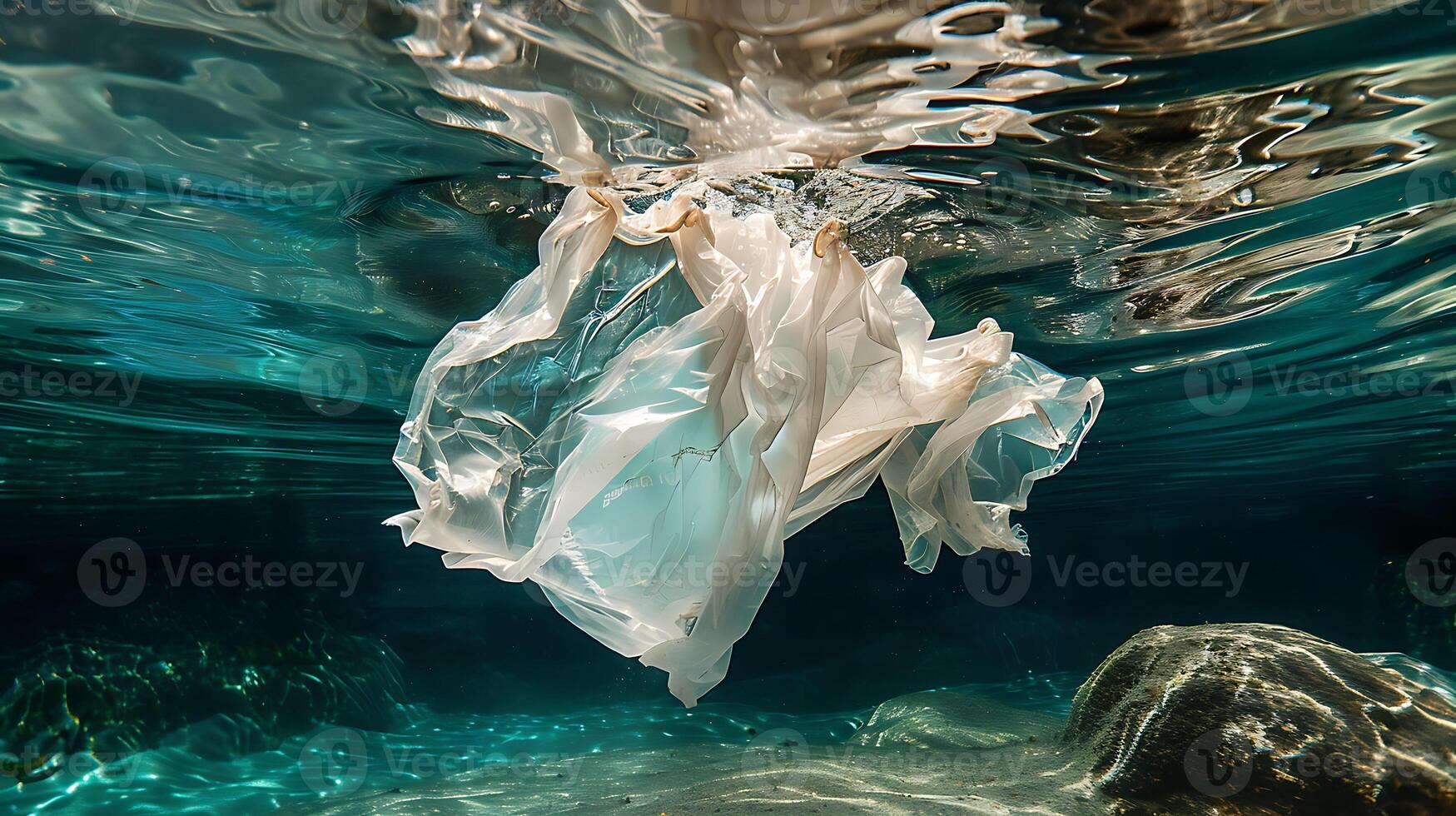 Plastic bag waste floats underwater, illuminated by sunlight filtering through the surface photo