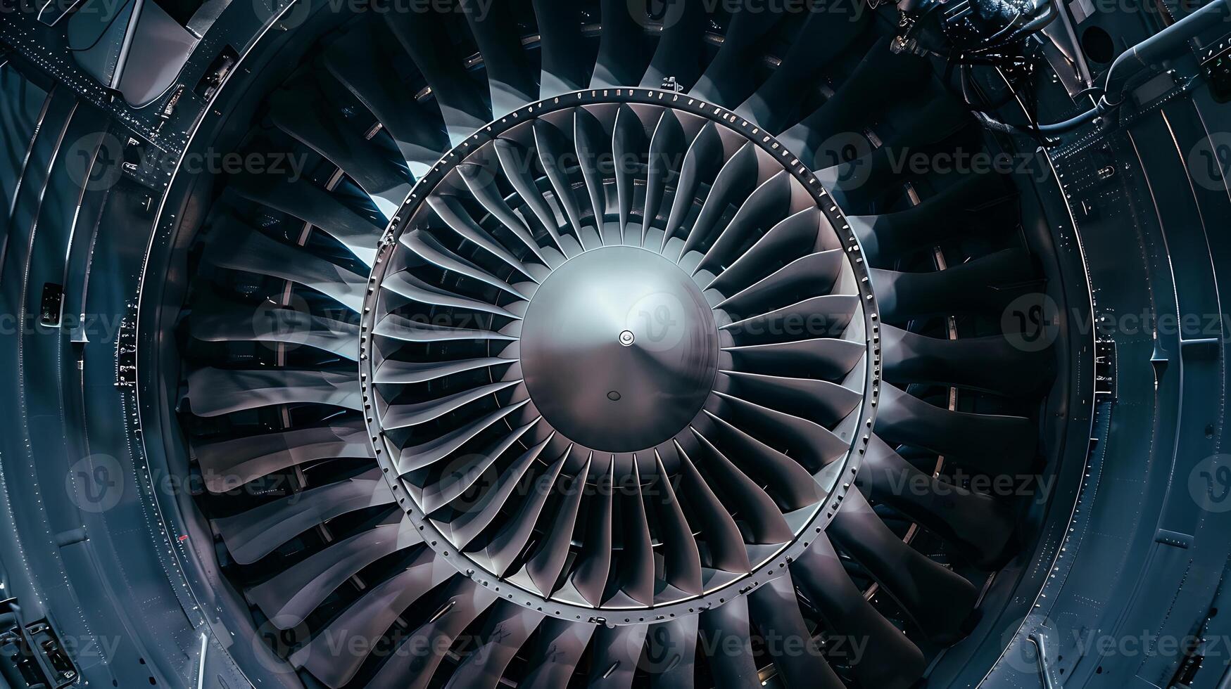 Close-up of a jet engine, showcasing its intricate fan blades and powerful design photo