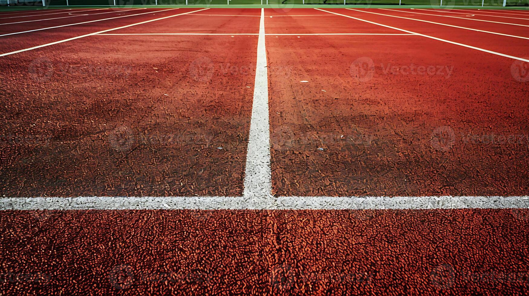 A red running track with white lane markings. The track is made of a rubberized material and is used for athletic competitions photo