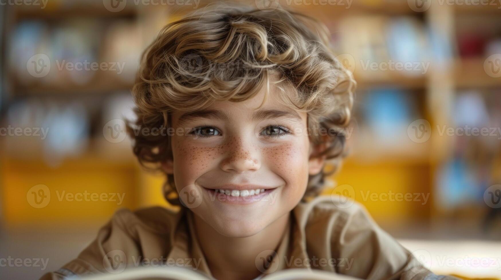 A young boy smiles brightly while reading a book in a library, surrounded by bookshelves photo