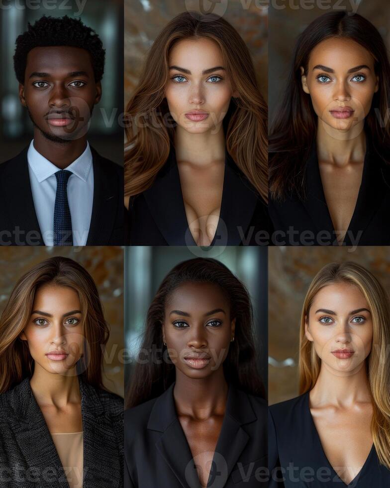 Six individuals, showcasing a variety of ethnicities and appearances, pose for a formal portrait session photo