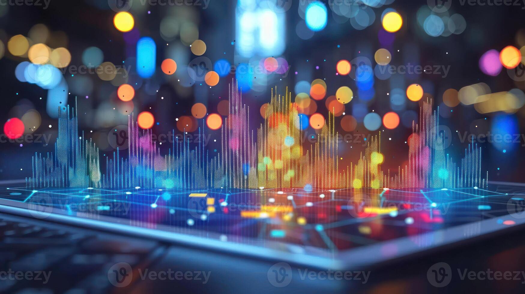A close-up of a tablet device with colorful data visualizations displayed on the screen photo