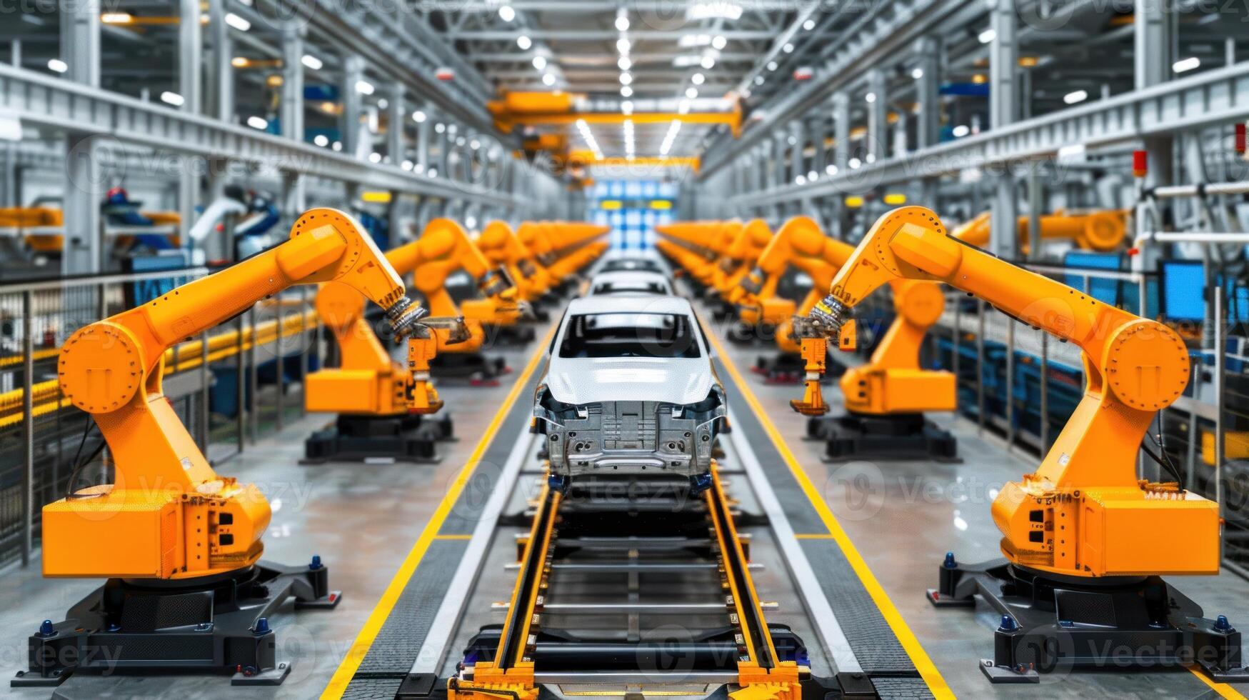 An assembly line filled with industrial robots working on cars in a modern factory photo