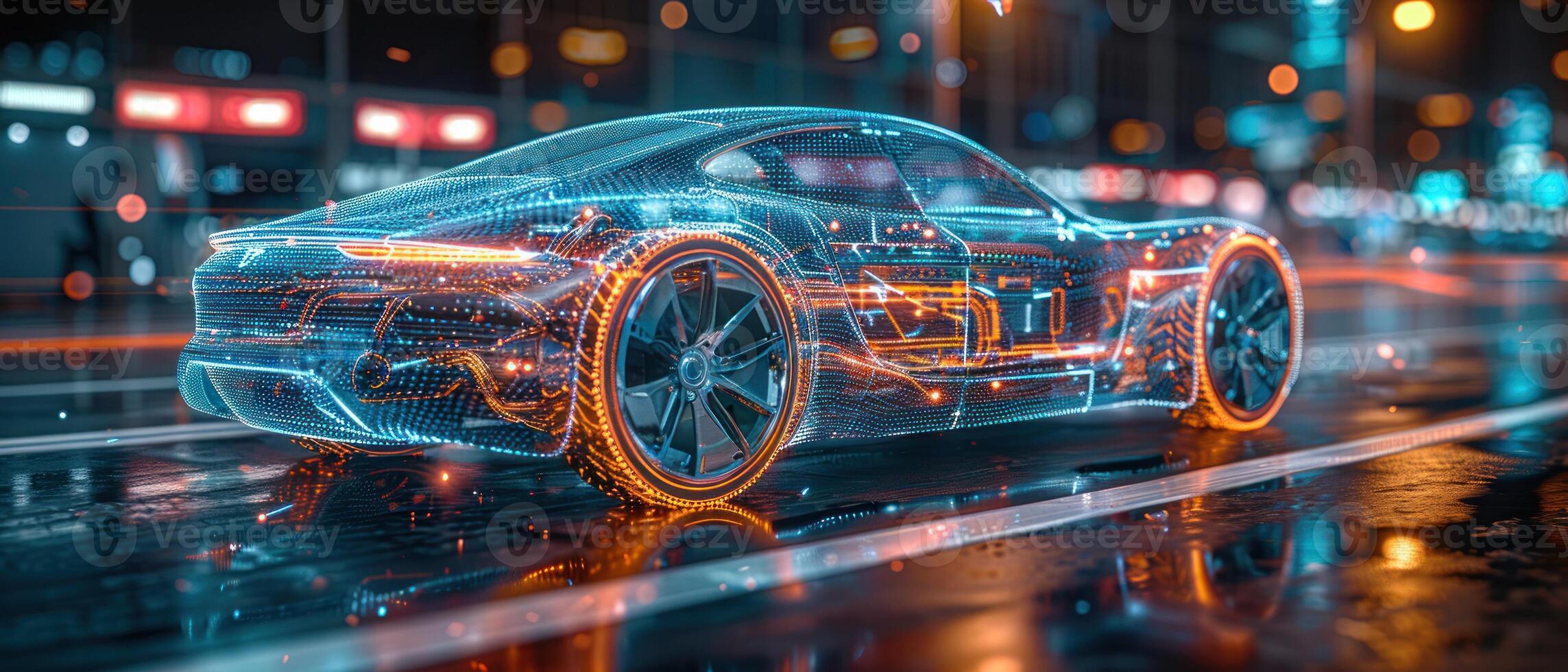 A digital rendering of a futuristic car driving through a cityscape at night photo