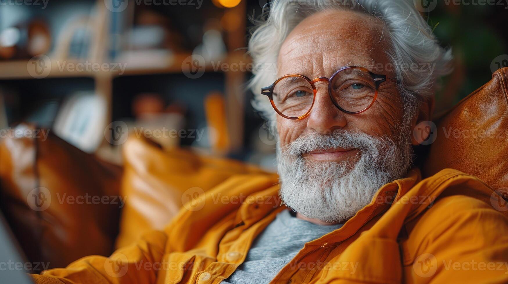 Close-up portrait of a smiling, older man relaxing in a comfortable chair photo